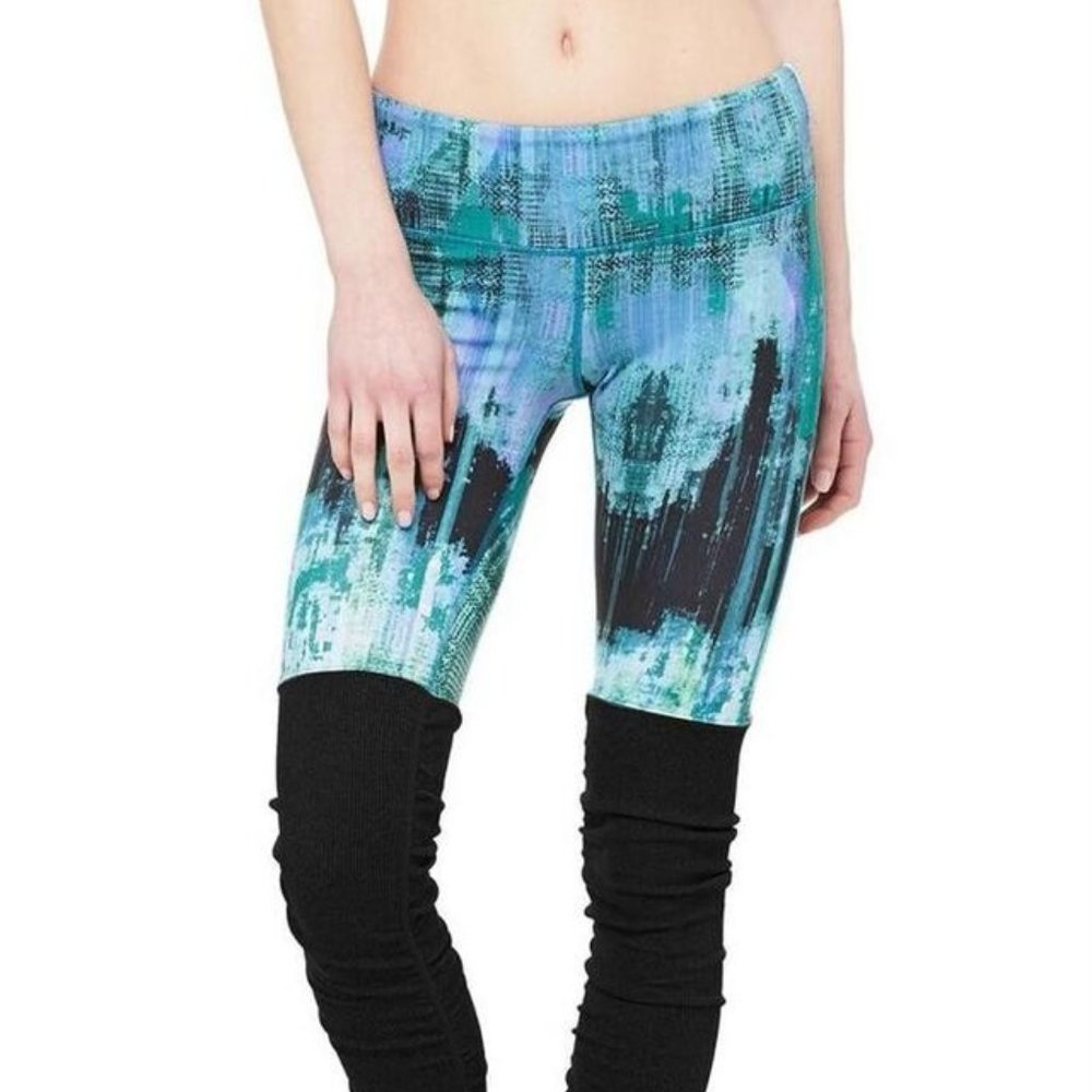 ALO Yoga Turquoise/Black Ribbed Goddess Legging - Size L